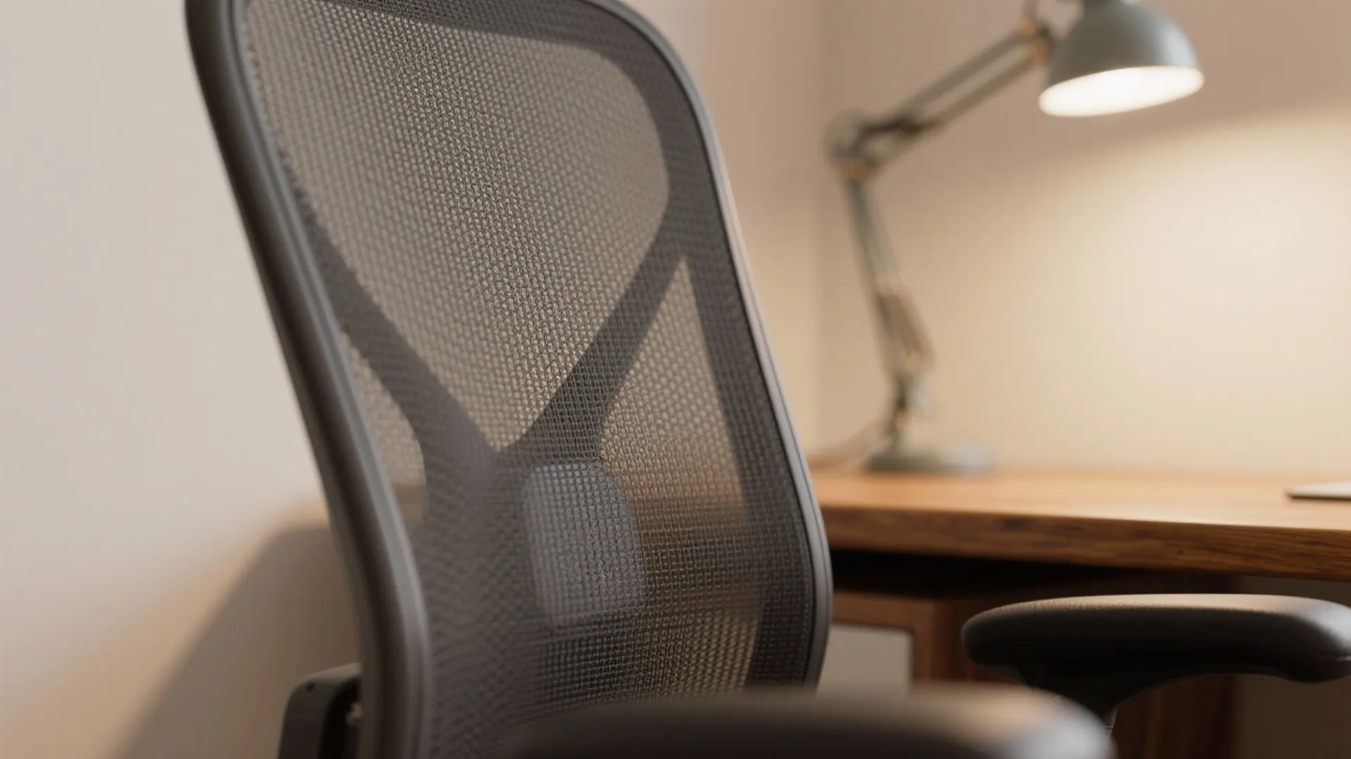Close up of black mesh office chair backrest with desk and table lamp in background