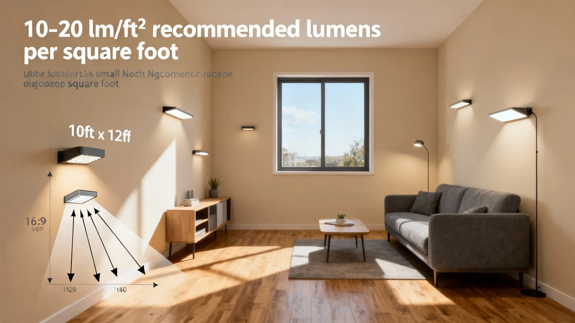Small studio layout with lumens-per-square-foot calculation and recommended fixture placement.