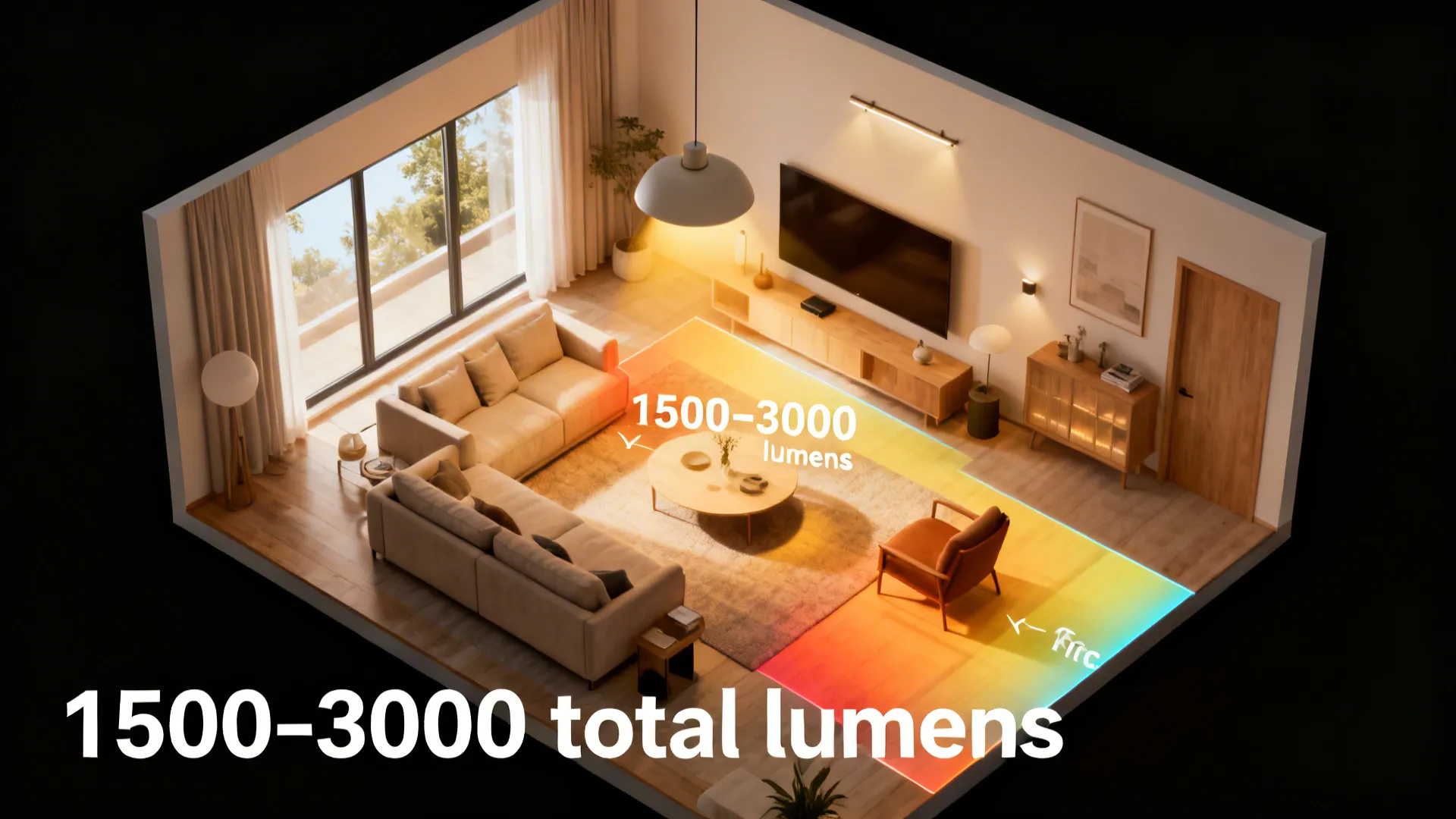 Top-down living room plan showing lumen distribution and fixture zones for a 200 sq ft room.