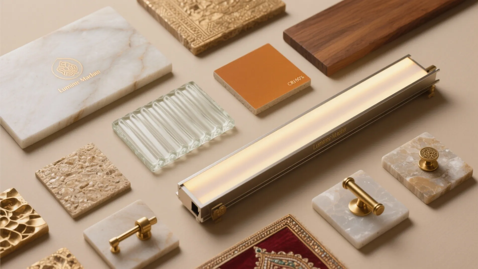 Collection of interior design material samples featuring marble, wood, glass, light fixture, and metal handles