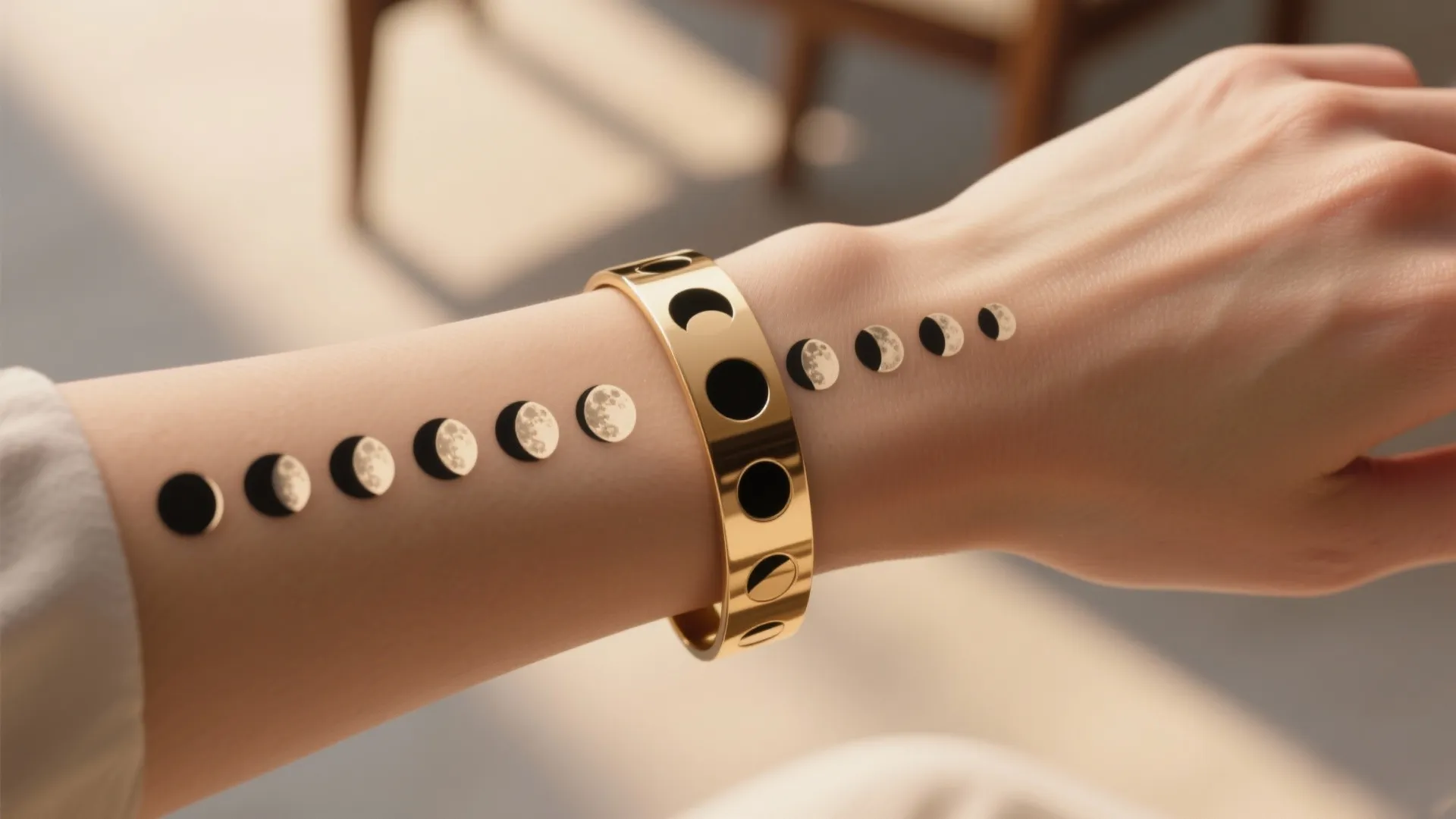 Close up of person wearing gold bracelet with moon phase designs printed on their inner arm
