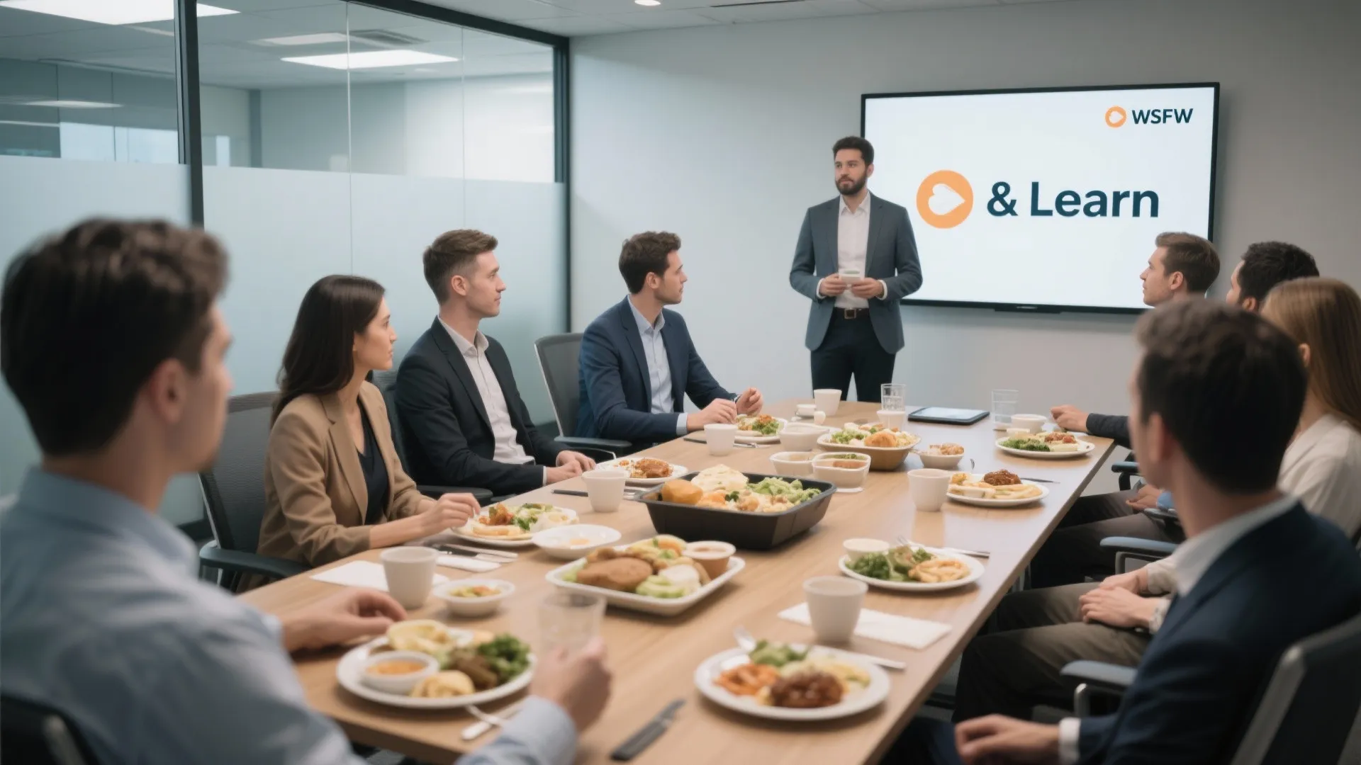 Professional team having lunch in a meeting room while watching a presentation on large screen