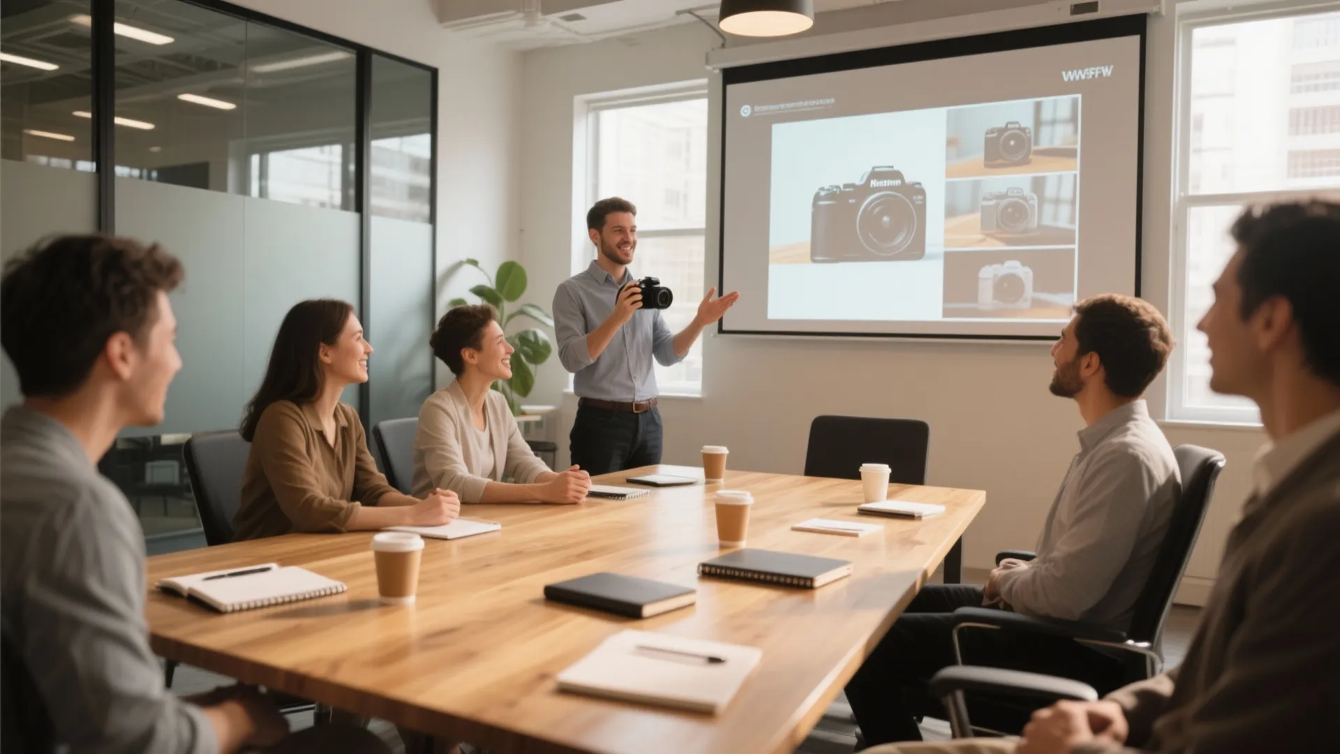 A man giving a photography presentation to coworkers in a bright modern office meeting room