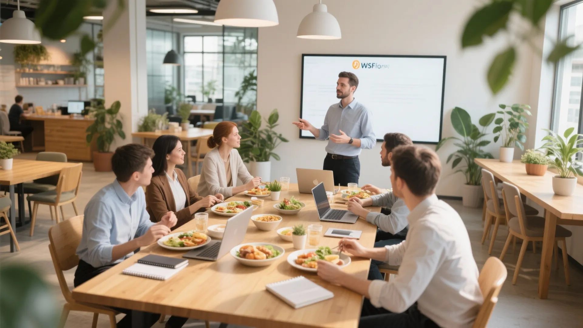 Professional group having business lunch meeting while a man gives presentation in a modern office canteen