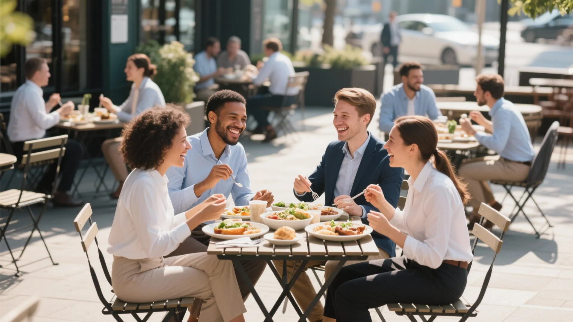 Four happy office workers eating lunch and laughing together at an outdoor wooden restaurant table