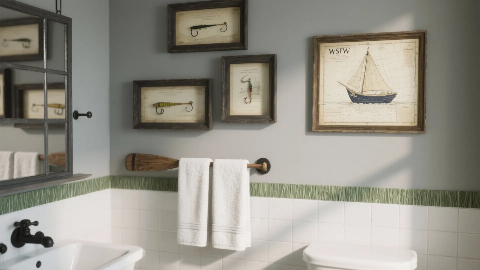 Bathroom wall with framed vintage lures, reclaimed oar towel bar, and a nautical chart in calm lake cabin style.