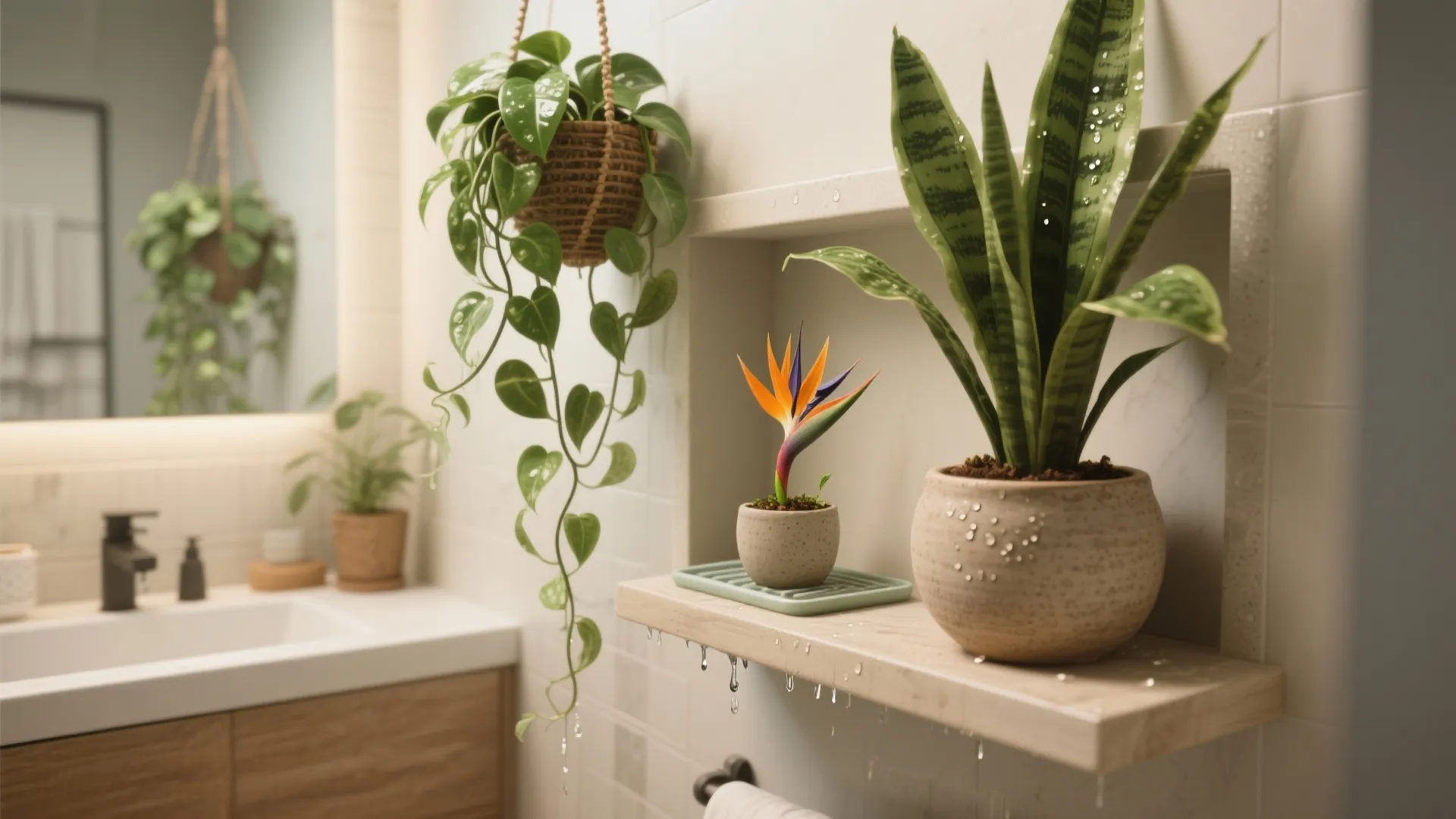Hanging pothos, snake plant and small birds of paradise in a humid small bathroom with drip trays and shelves.