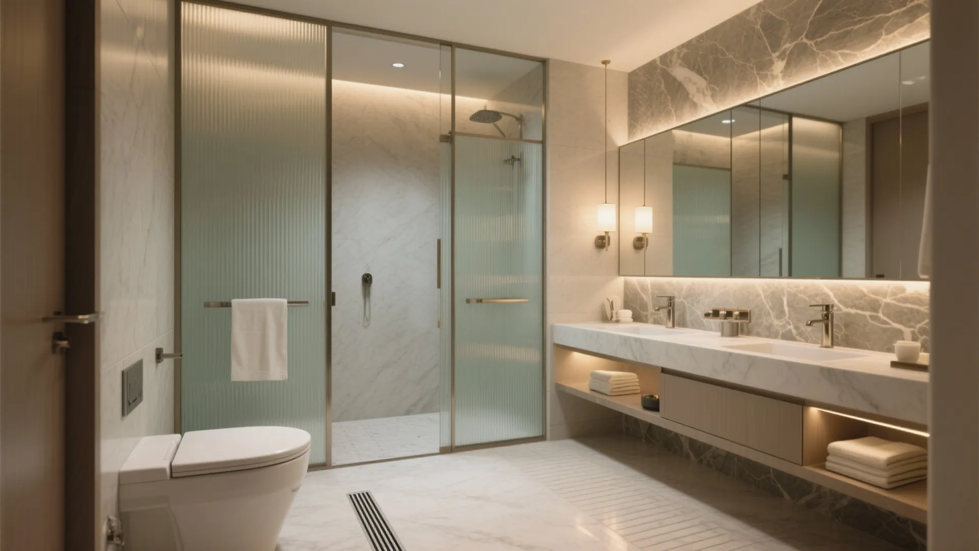 Modern luxury bathroom design with marble walls glass shower door white toilet and long double sink