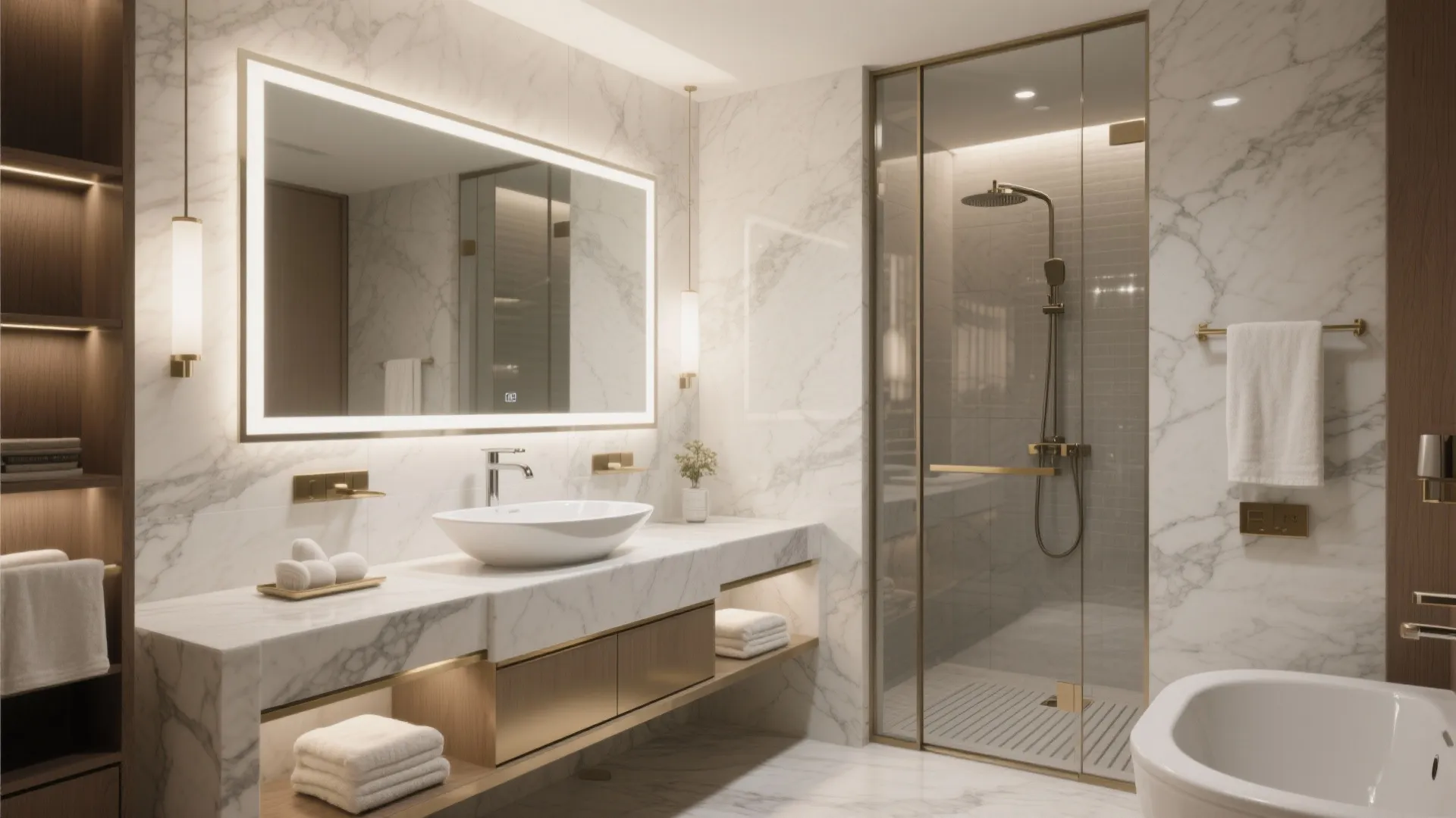 Modern white marble bathroom with lighted wall mirror white sink glass shower and bathtub design