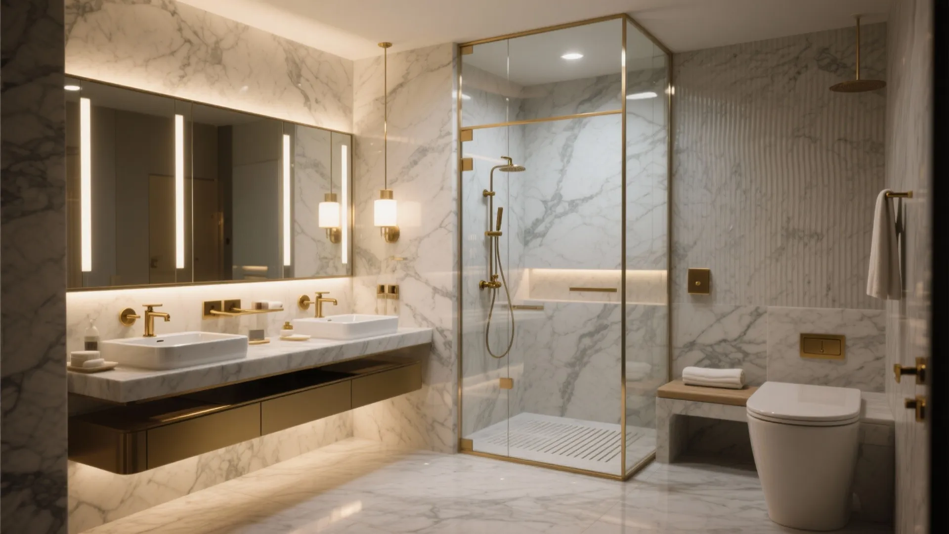 Luxury marble bathroom featuring double sink vanity glass shower toilet and elegant gold hardware accents