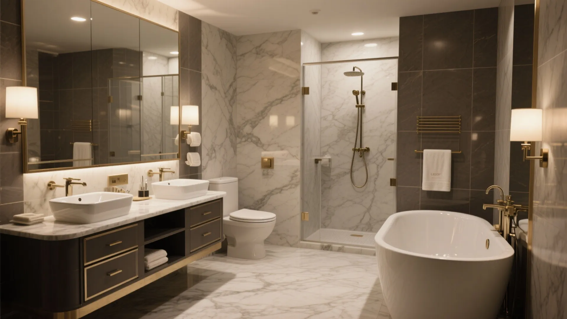 Luxury bathroom with double sinks, walk-in shower and soaking tub in a hotel suite.