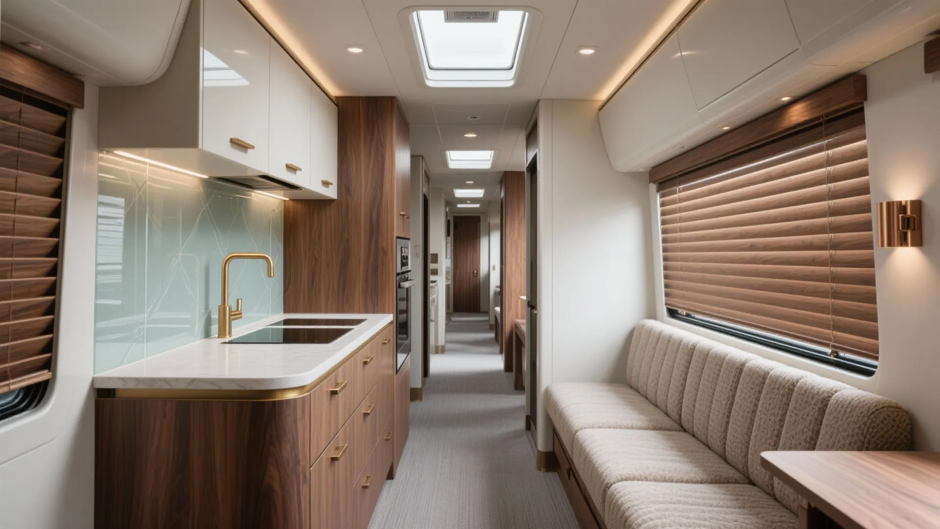 Modern kitchen area inside motorhome with wood cabinets gold faucet long sofa and roof window