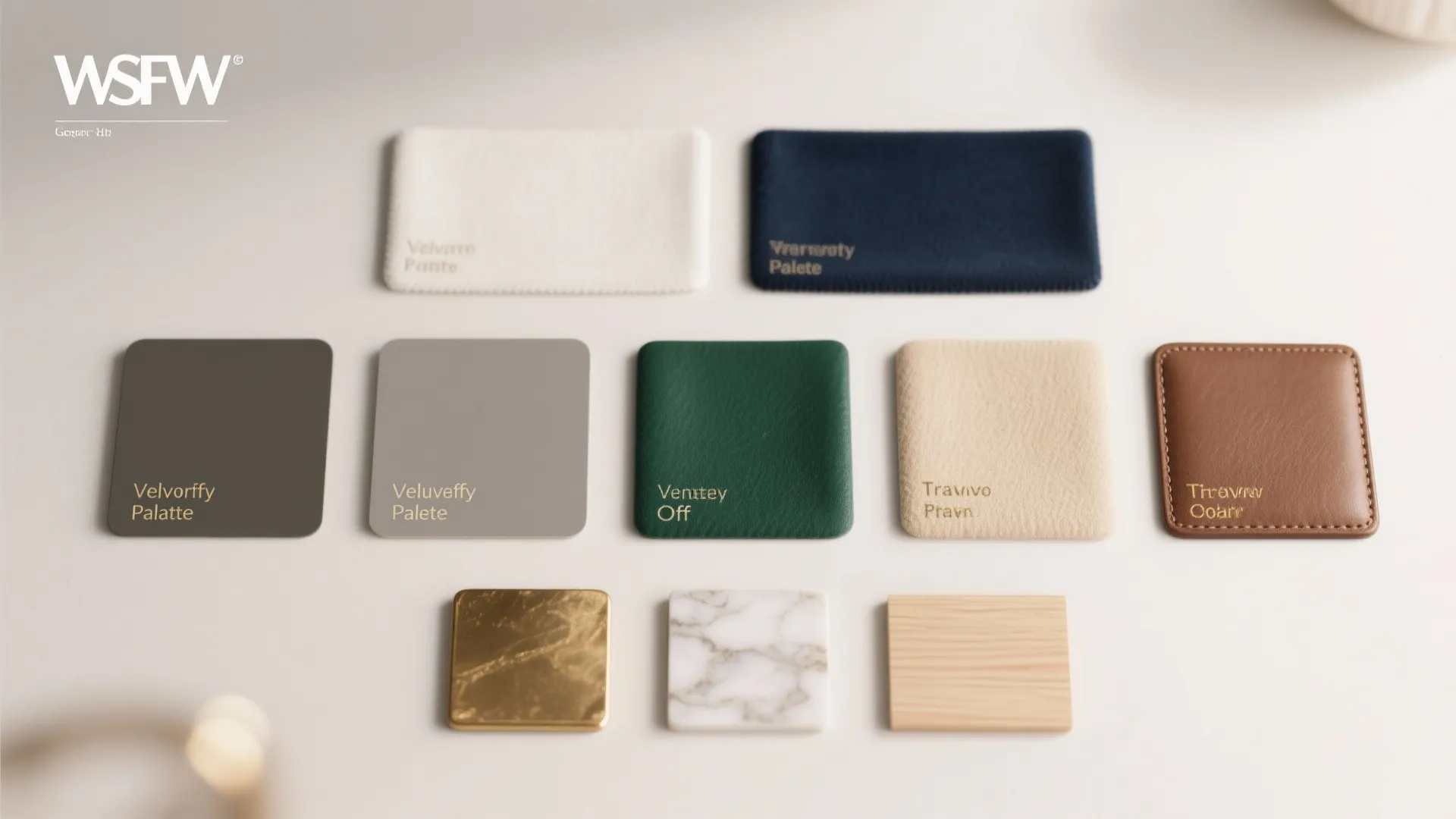 Collection of interior design material samples including leather fabric wood marble and various color palette swatches