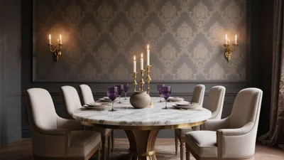 Luxury Dining Room with Marble Table and Gold Accent