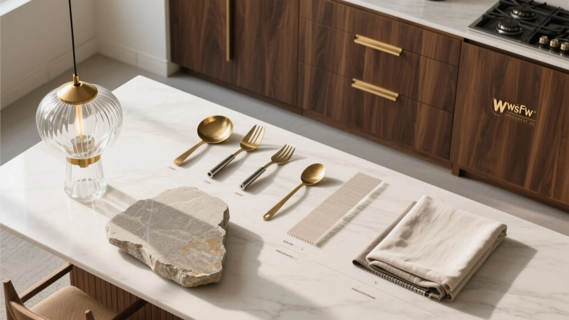 Gold cutlery set with stone and fabric samples on marble table under a glass light fixture