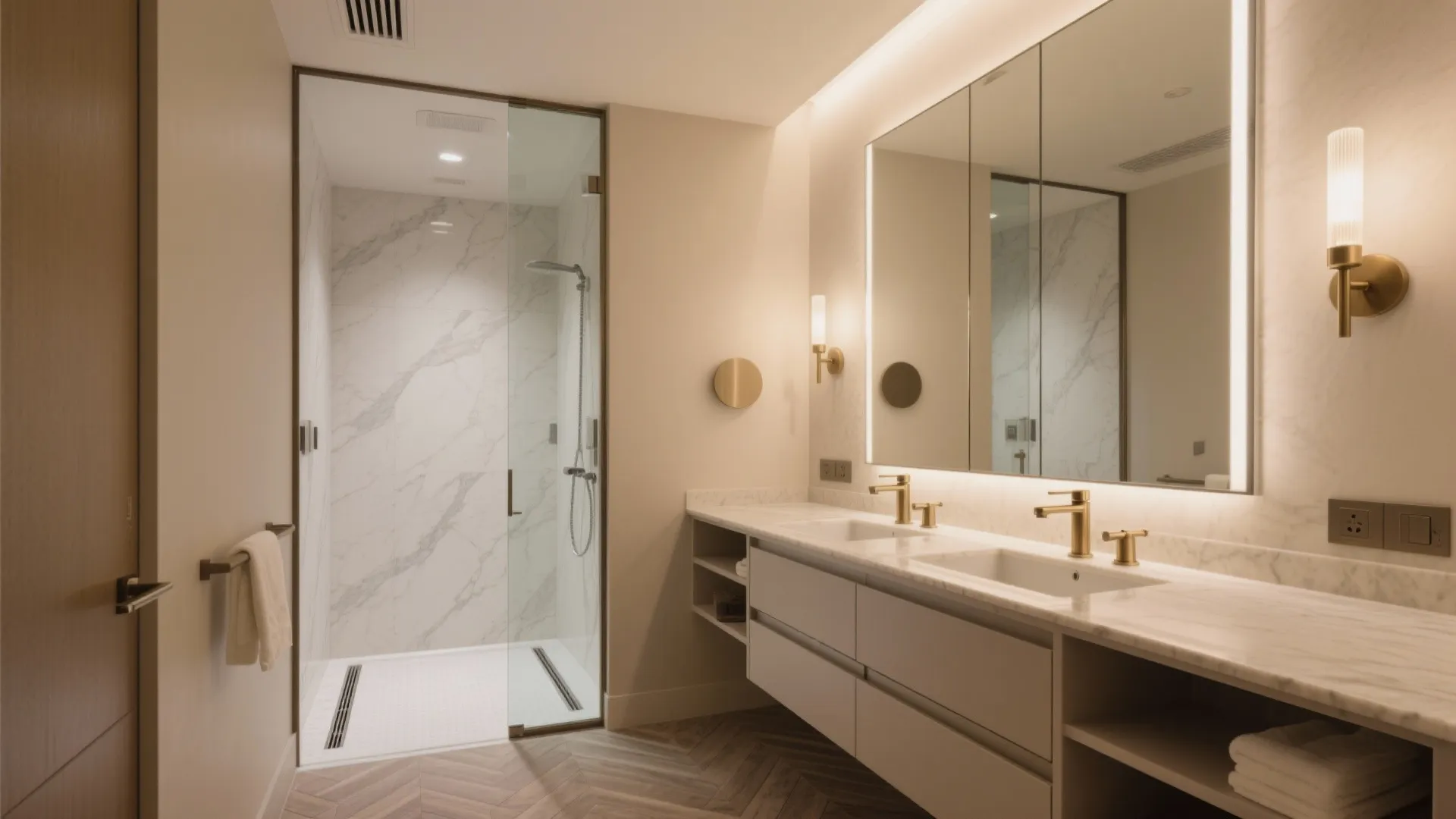 Modern hotel bathroom with marble shower walls double sink vanity gold faucets and large lighted mirror
