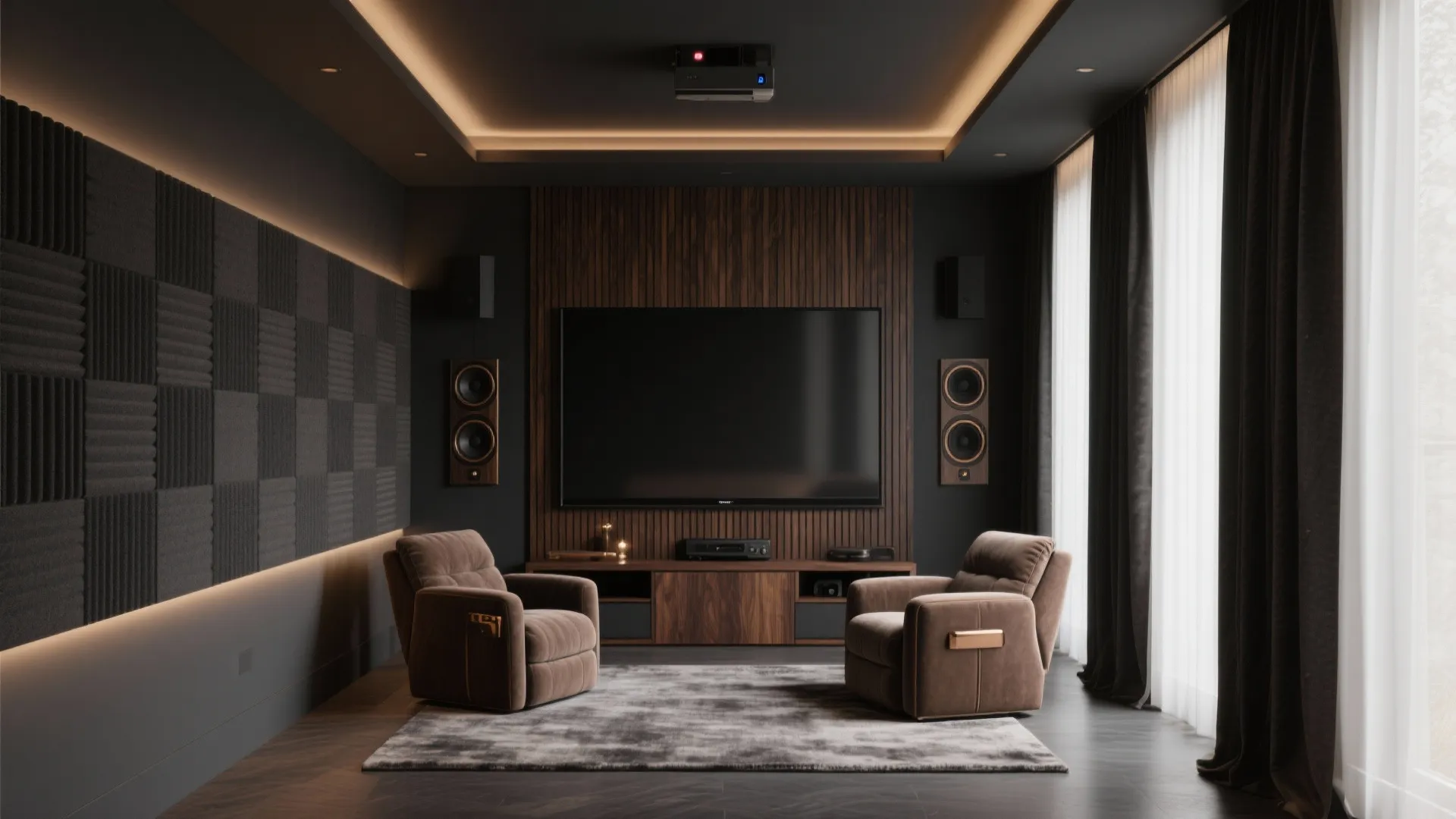 Modern home theater room with brown chairs, large television, wall speakers, and dark wood panels