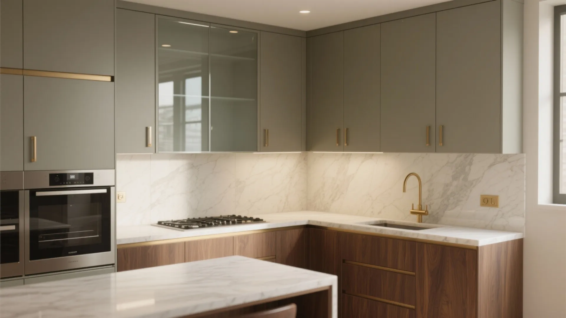 Modern kitchen with green wall cabinets marble countertop gold faucet and dark wood bottom storage units