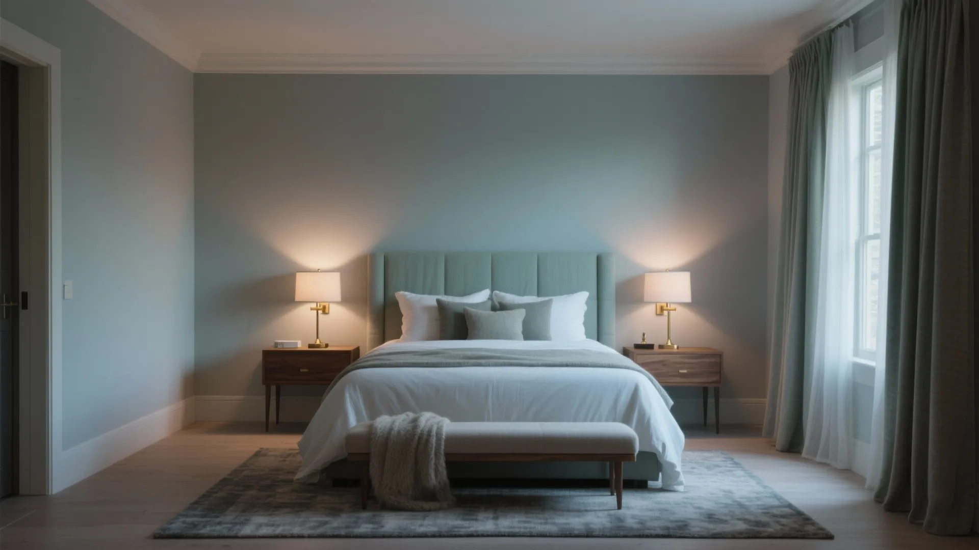 Modern bedroom with green walls, wooden bedside tables, lamps, white bedding, bench, rug, and curtains