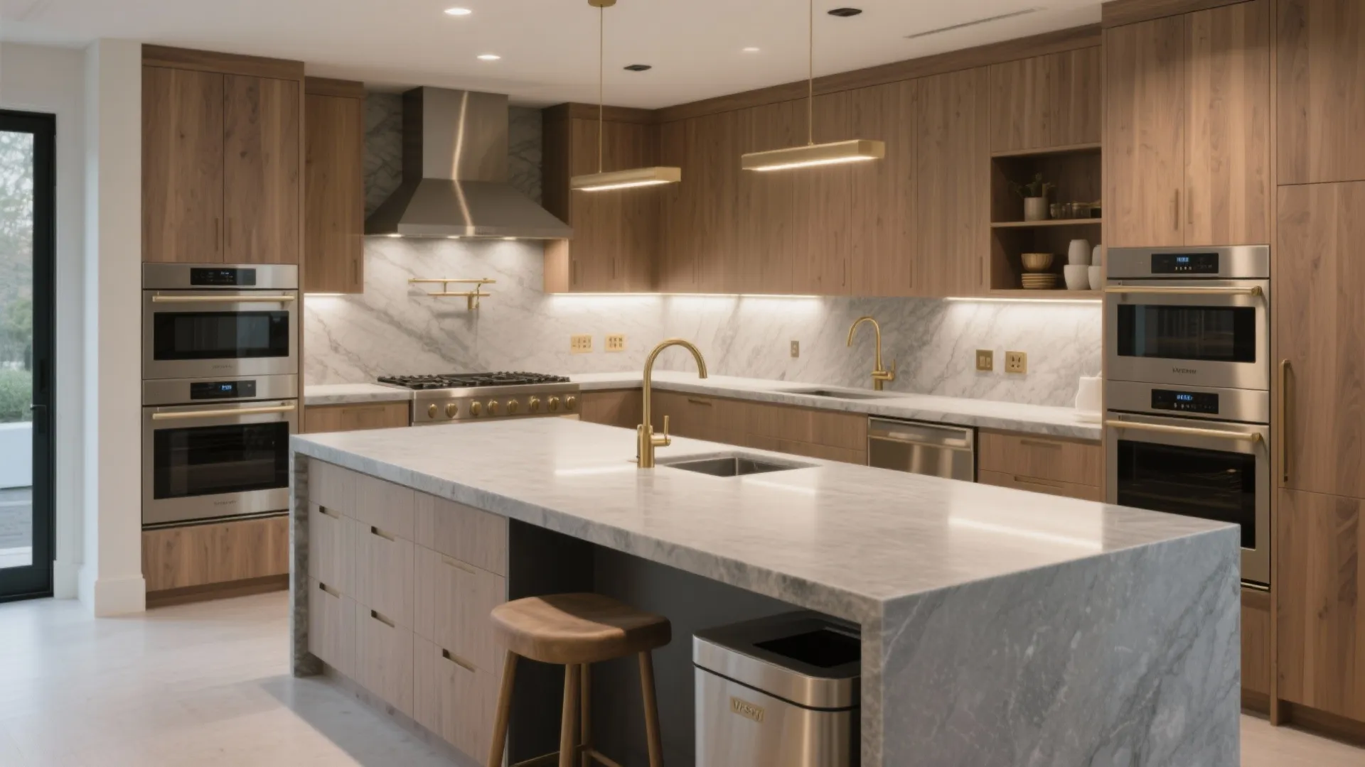 Modern kitchen with wood cabinets marble island gold faucets double ovens and warm ceiling light fixture