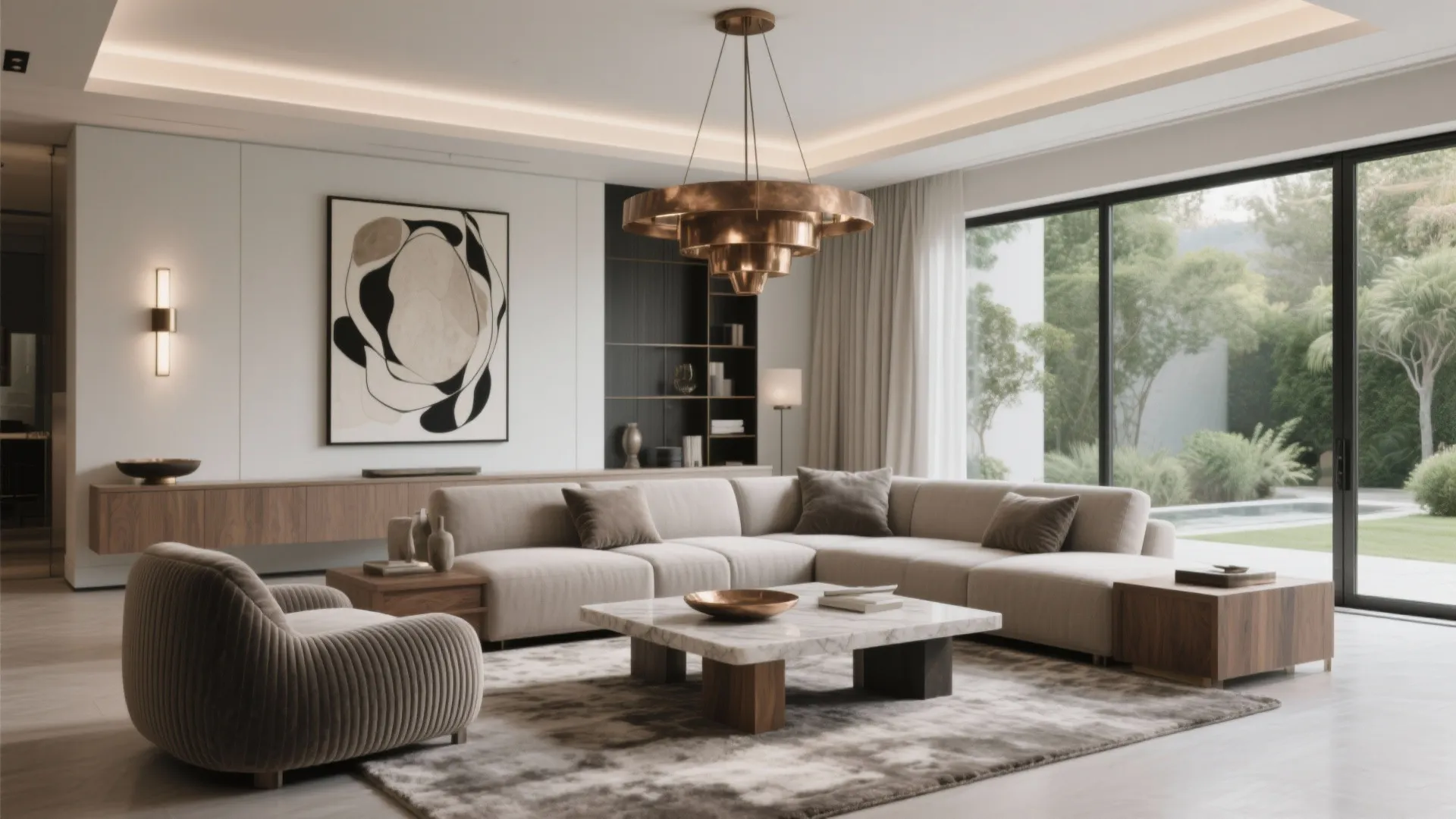 Luxury living room with beige sofa marble coffee table gold ceiling light and large windows