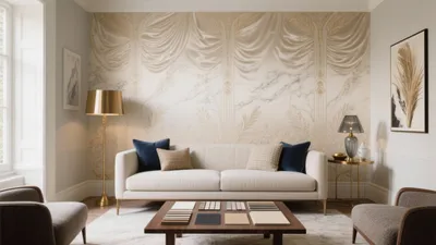 Elegant Living Room with Gold Accent Wallpaper & Modern Luxe Touches