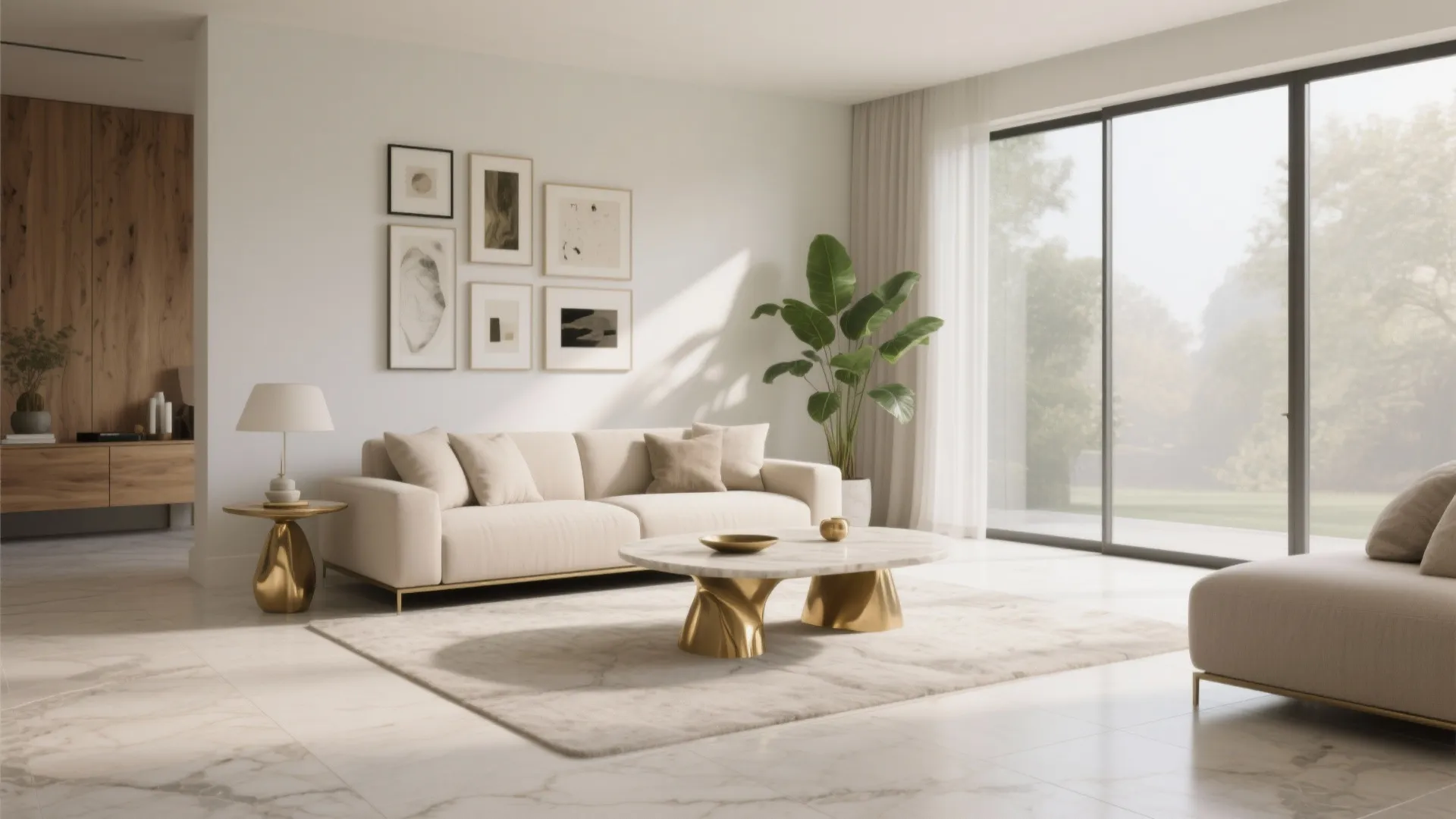 Bright living room with white sofa marble coffee table wall art large plant and door