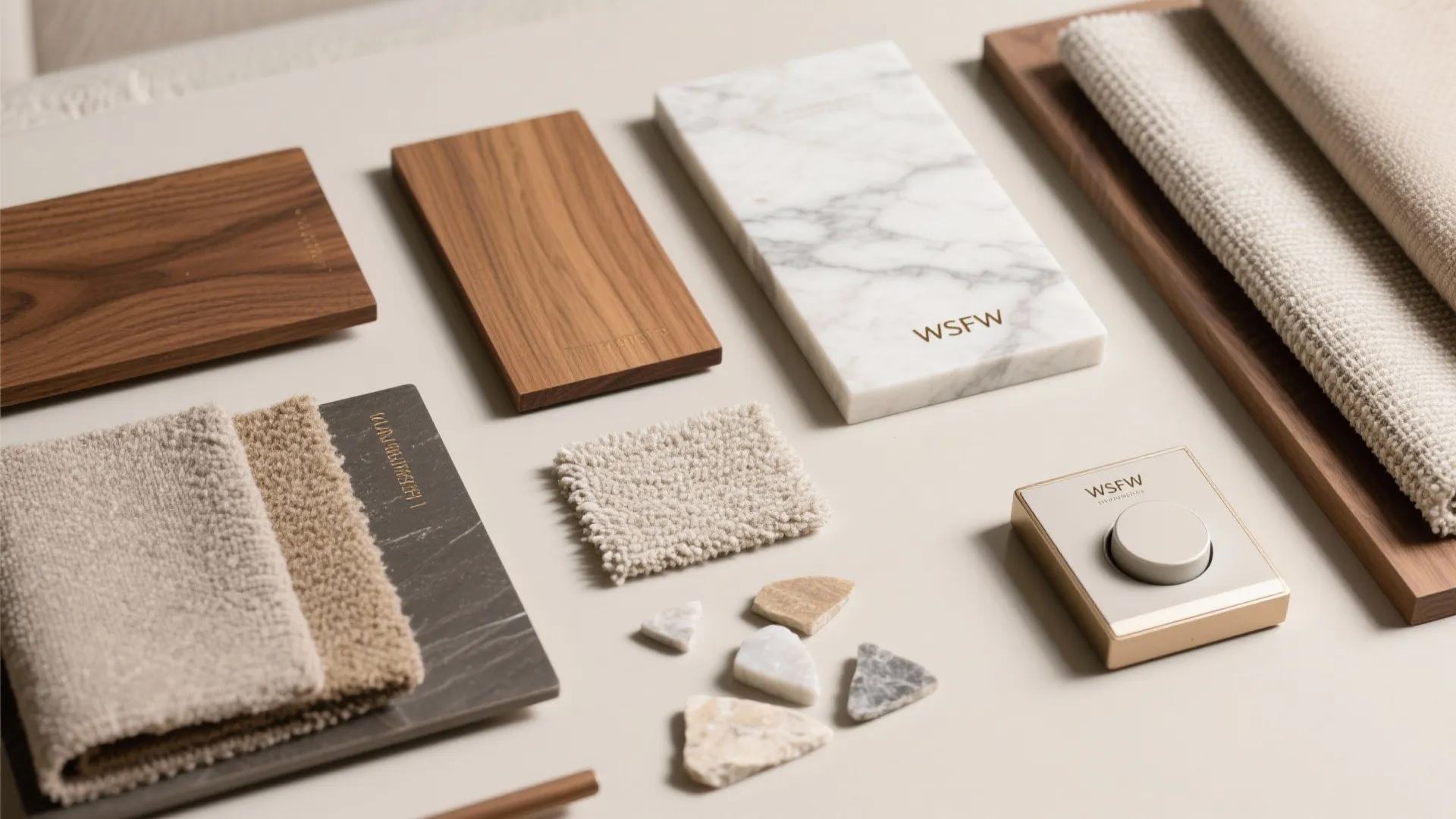 Material board showing wood samples marble slab fabric swatches stones and a round light knob