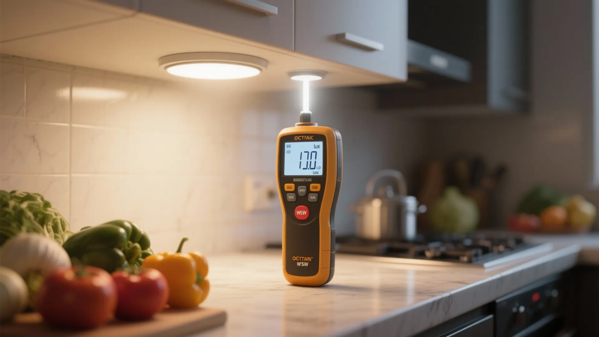 Handheld light meter measuring brightness under a kitchen cabinet light next to fresh red tomatoes