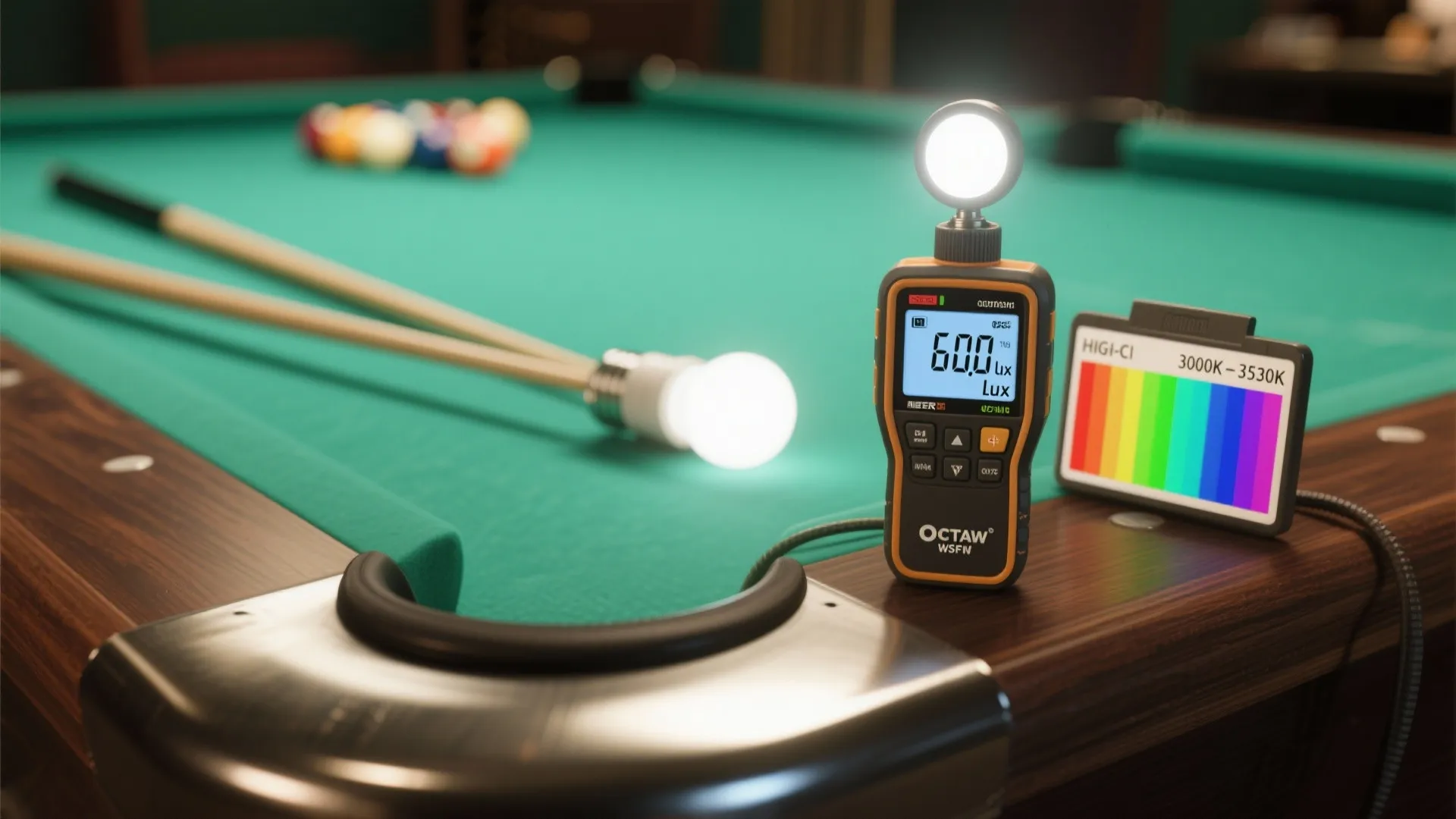 Digital light meter showing brightness levels on the edge of a green pool table with balls