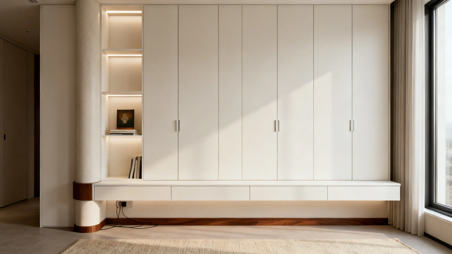 Slim floor-to-ceiling built-ins with warm LED-lit niche and a wall-mounted credenza in a small living room.