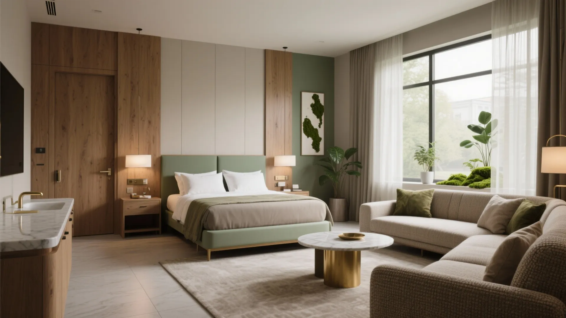 Modern bedroom with green bed wooden wall panel beige sofa marble coffee table and windows