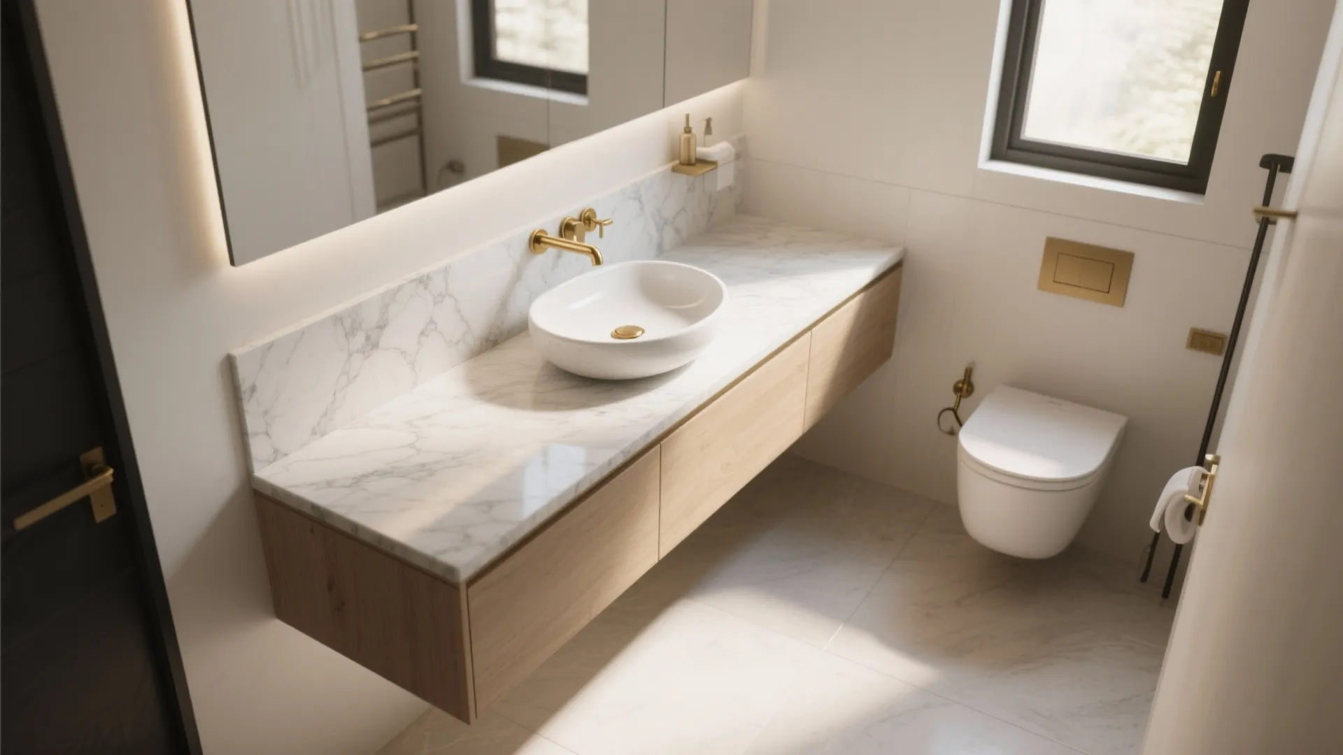 Modern bathroom with white bowl sink gold faucet marble counter wood cabinet and white toilet