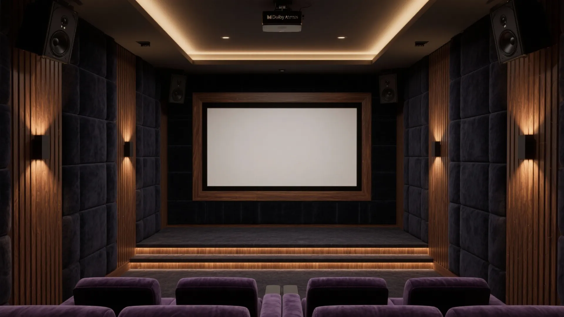 Luxury home cinema with purple seats wood wall panels wall lights and large movie screen