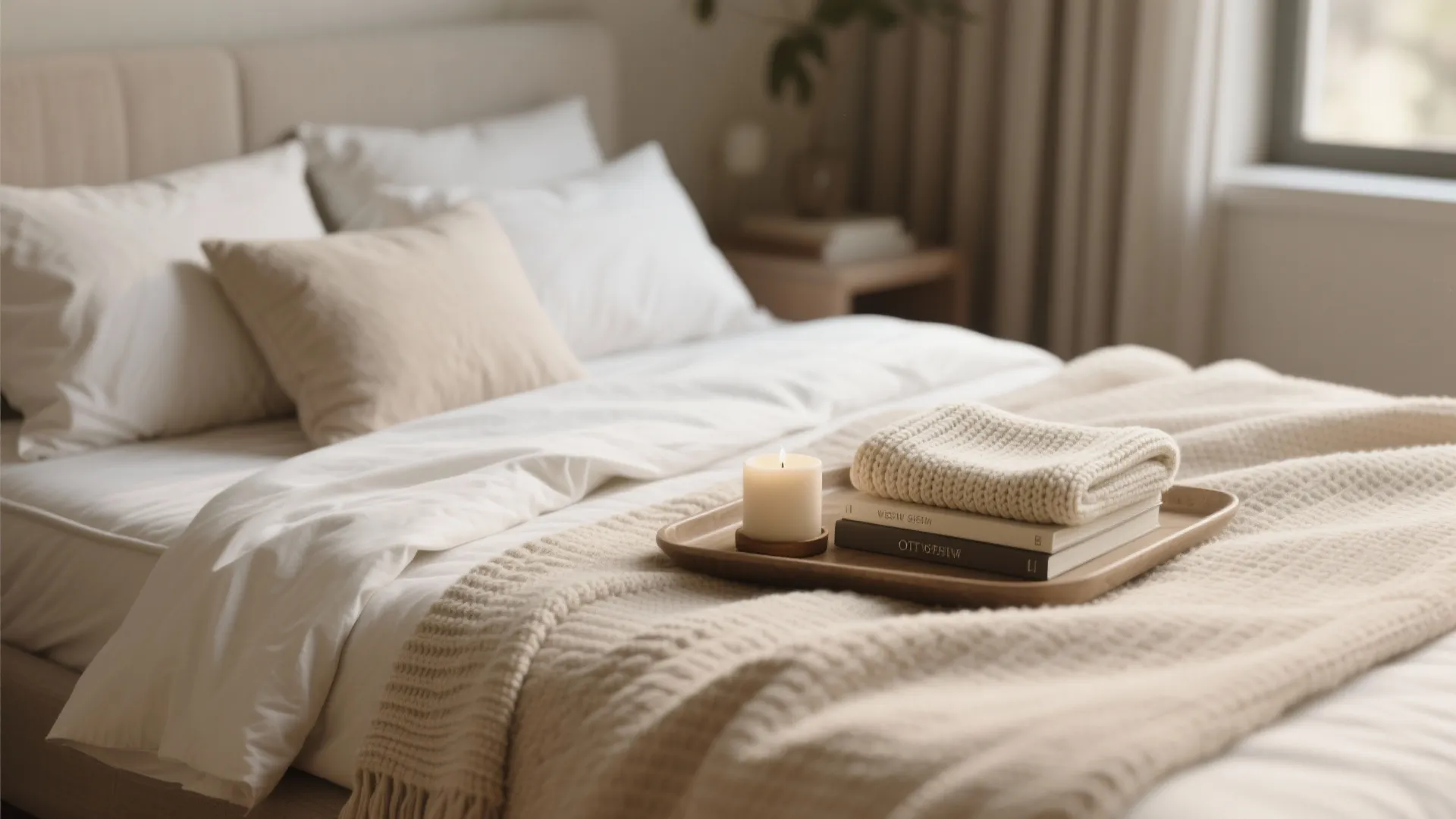 Macro close-up of layered luxury bedding on a compact guest bed with textured linens and a mattress topper.