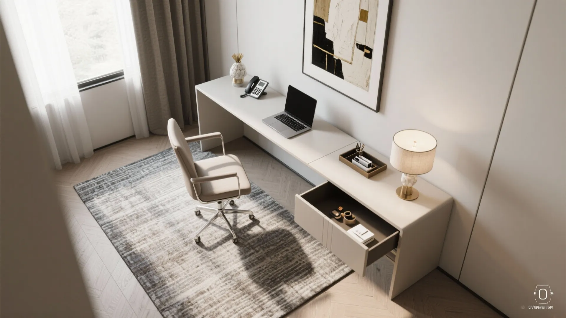 Modern home office with white desk, laptop, leather chair, area rug, and stylish table lamp