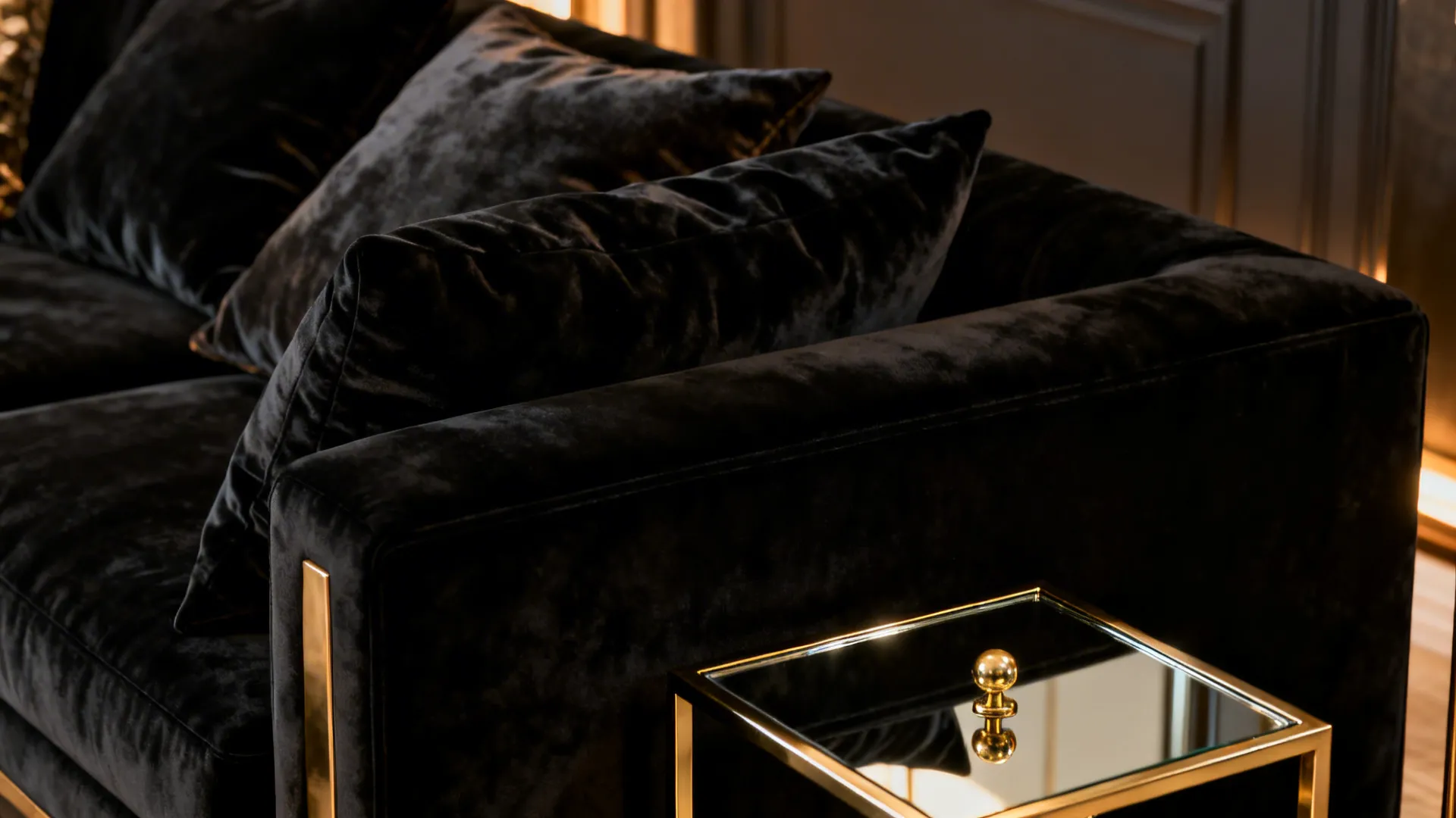 Velvet cushions and brass accents beside a black sofa, with mirrored surfaces catching warm light.