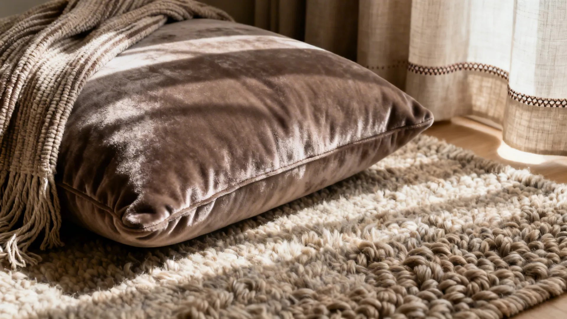 Macro of velvet cushion, chenille throw, wool-blend rug, and lined linen curtain.