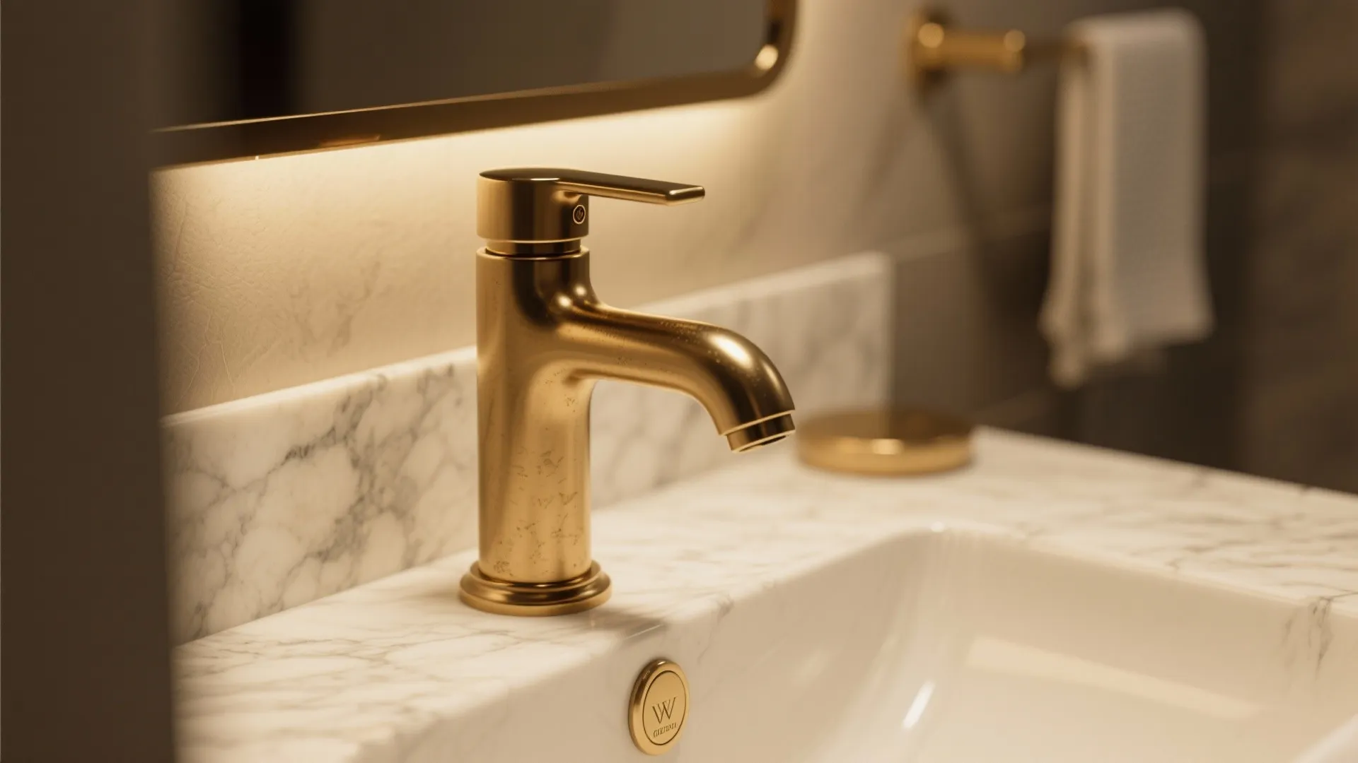 Close up of a luxury gold water tap on a white marble bathroom sink with mirror
