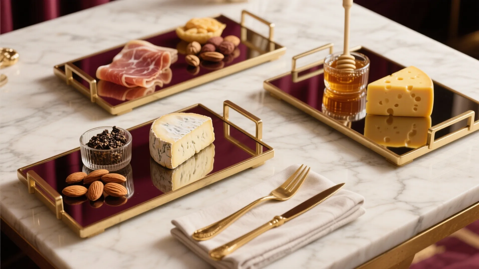 Three gold serving trays holding cheese nuts honey and ham on a white marble dining table
