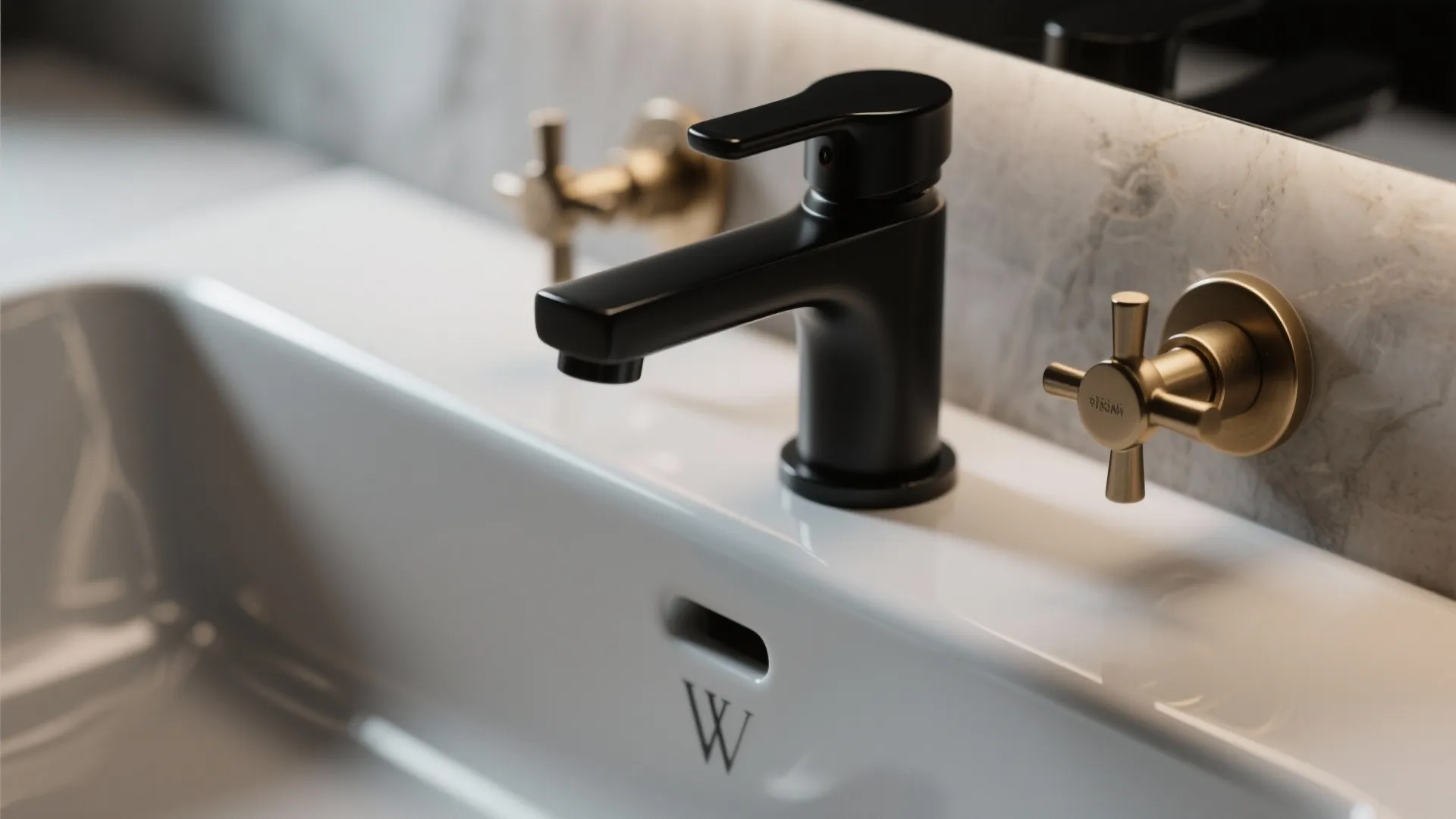 Close up of a black water tap and gold handles on a white bathroom sink