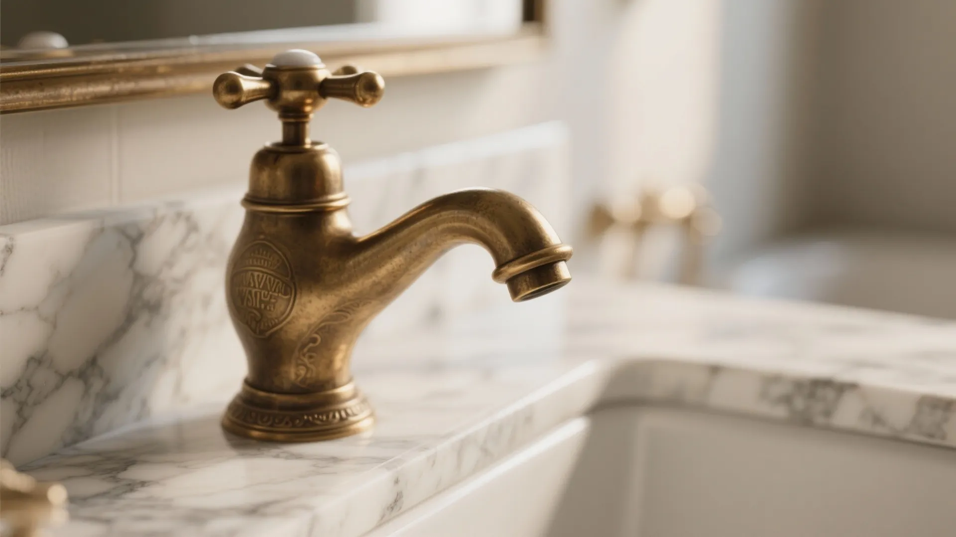 Vintage gold water faucet on white marble bathroom countertop with a gold mirror in background