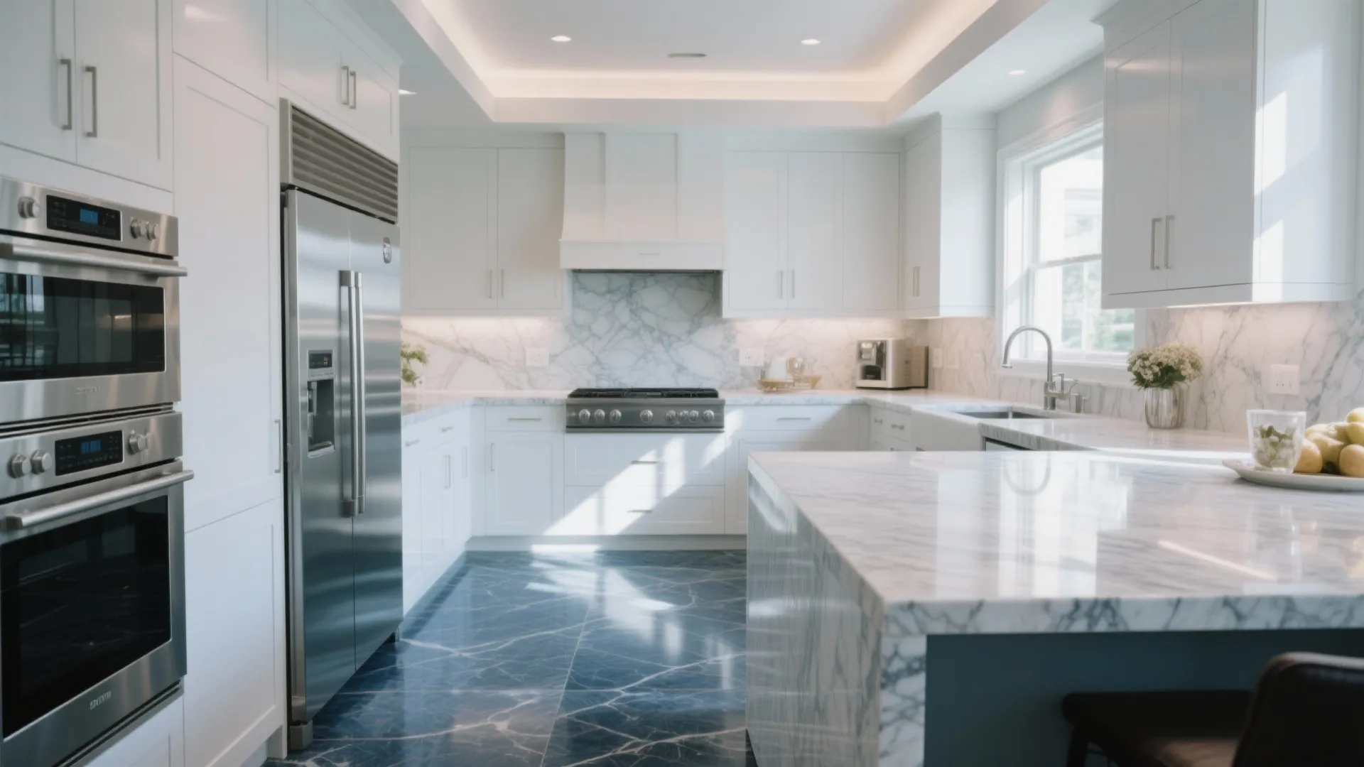 Modern white kitchen featuring marble backsplash stainless steel appliances kitchen island and blue marble floor