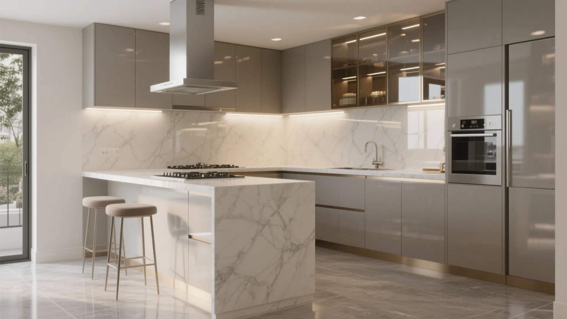 3) Luxe Kitchen: L-Shaped + Peninsula with a Glossy Glass Backsplash