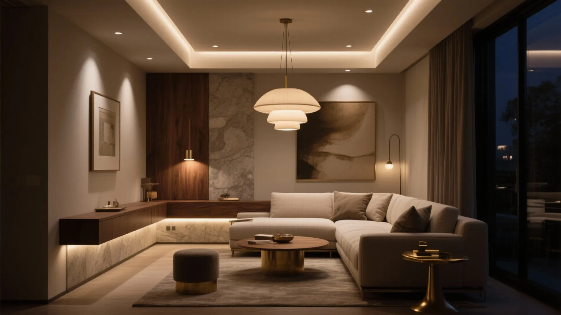 Modern living room with cream sectional sofa tiered ceiling light wood wall panel and marble