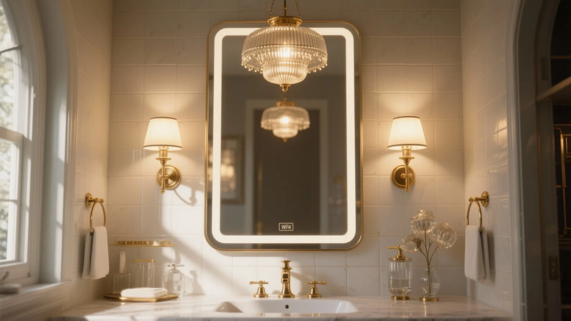 Vanity area lit by warm wall sconces and a central pendant, showcasing brushed brass fixtures and tiled wall.