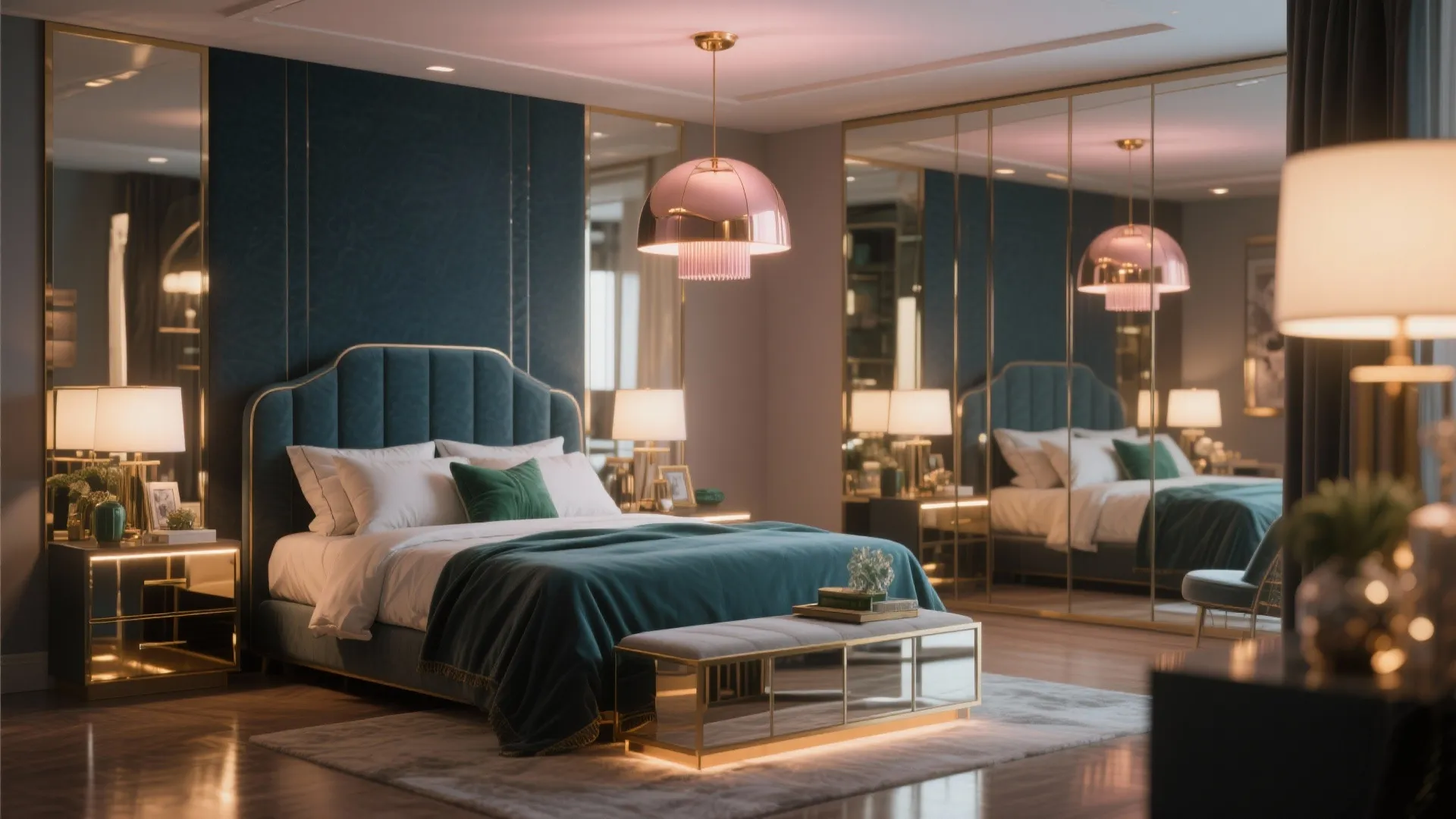 3. Luxe Lighting and Reflective Surfaces