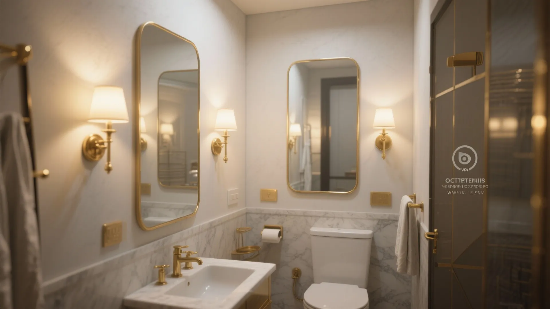 Elegant bathroom design with marble wall panels gold faucets two mirrors and warm wall light fixtures