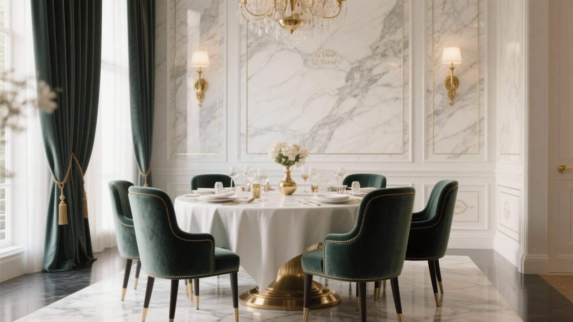 Elegant dining room with marble wall panel green velvet chairs round table and gold ceiling light
