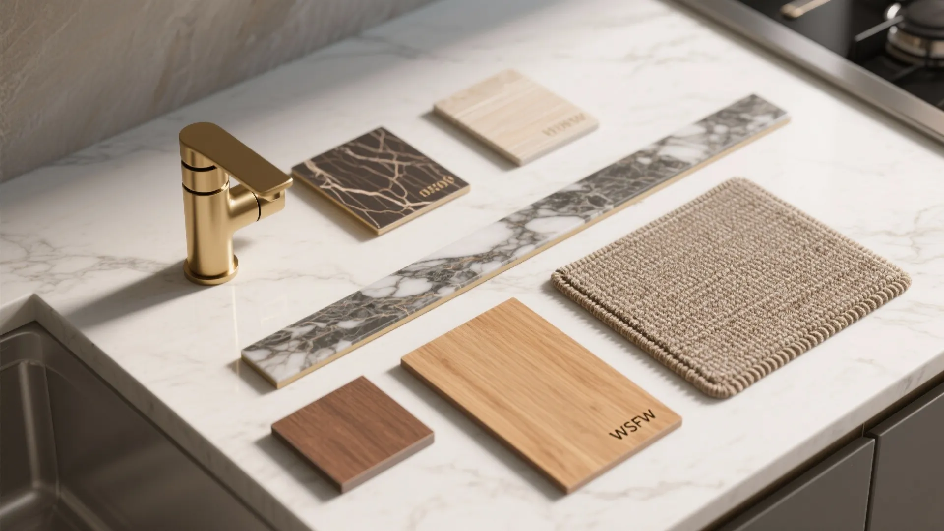 Collection of wood stone and fabric material samples placed on white marble surface with faucet